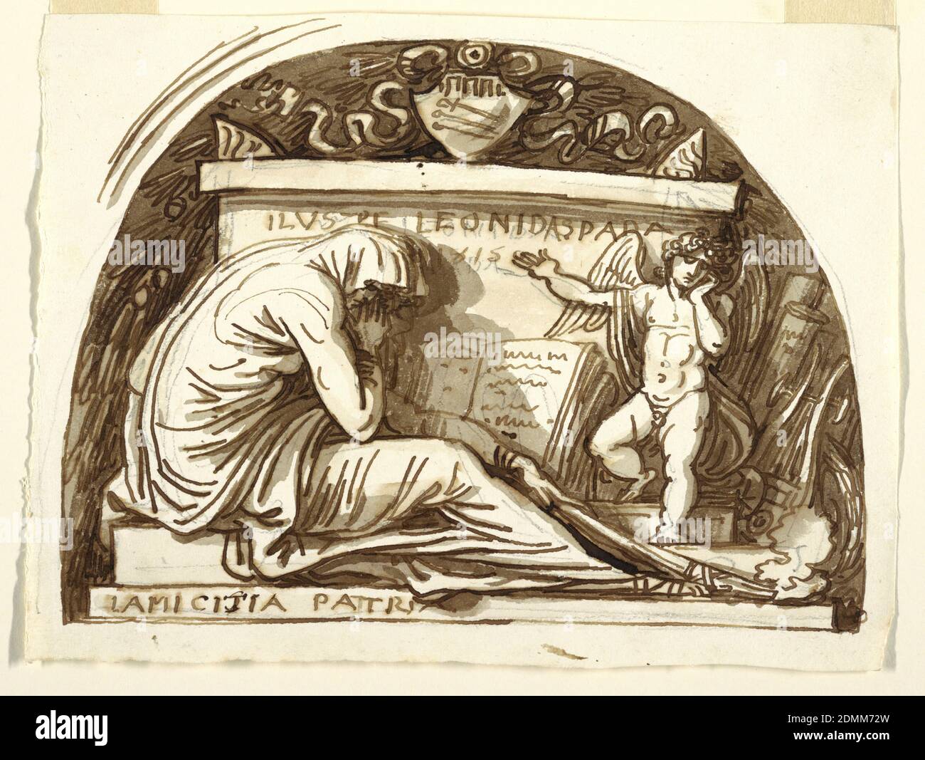 Sepulchral Monument for Leonida Spada, Felice Giani, Italian, 1758–1823, Pen and brown ink, brown wash, graphite on white laid paper, A sarcophagus topped by a coat-of-arms stands in a lunette-like niche while a sorrowing putto points out the inscription to Leonida Spada. A woman with a torch crouches in the left foreground., Faenza, Italy, Italy, 1815, architecture, Drawing Stock Photo