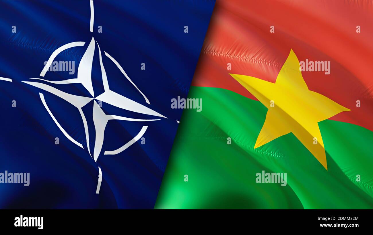 NATO and Burkina Faso flags. 3D Waving flag design. Burkina Faso NATO flag, picture, wallpaper. NATO vs Burkina Faso image,3D rendering. NATO Burkina Stock Photo