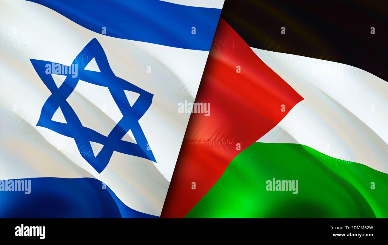 Israel and Palestine flags. 3D Waving flag design. Israel Palestine flag, picture, wallpaper. Israel vs Palestine image,3D rendering. Israel Palestine Stock Photo