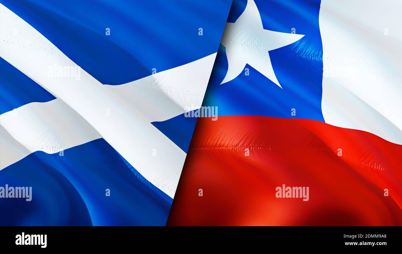 Scotland and Chile flags. 3D Waving flag design. Scotland Chile flag, picture, wallpaper. Scotland vs Chile image,3D rendering. Scotland Chile relatio Stock Photo