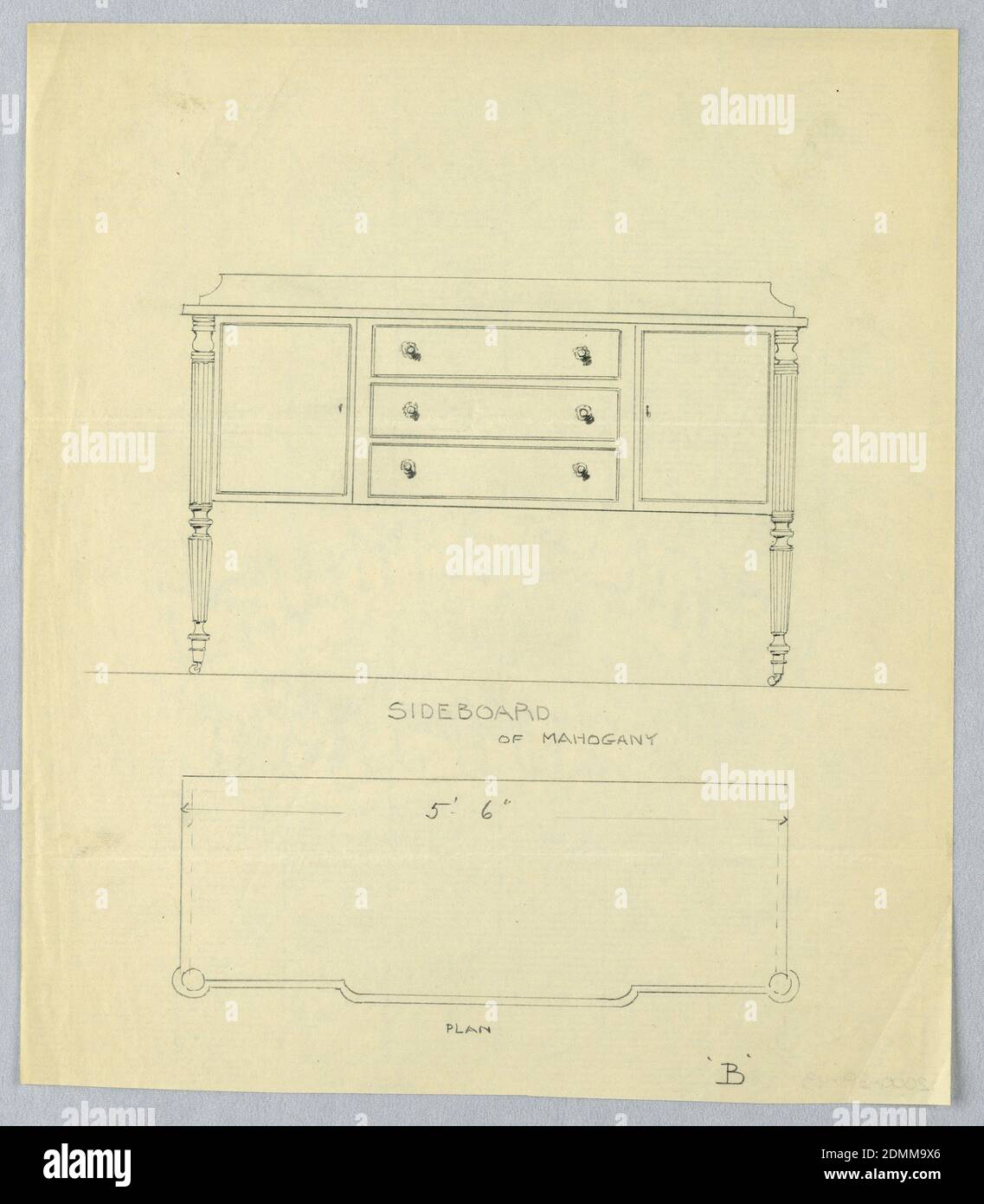 Design in Plan and Elevation for Mahogany Sideboard on Casters, A.N. Davenport Co., Graphite on thin cream paper, Elevation view: rectangular sideboard with 4 turned and fluted straight tapering legs on casters; tri-partite front has 3 drawers flanked by 2 doors; low backsplash., Plan view: slightly protruding front section with rounded front corners., 1900–05, furniture, Drawing Stock Photo