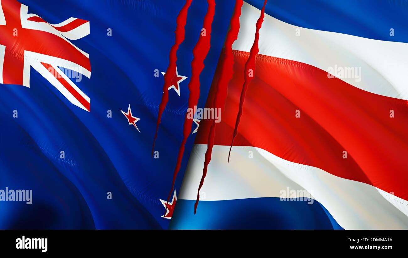 New Zealand and Costa Rica flags with scar concept. Waving flag 3D