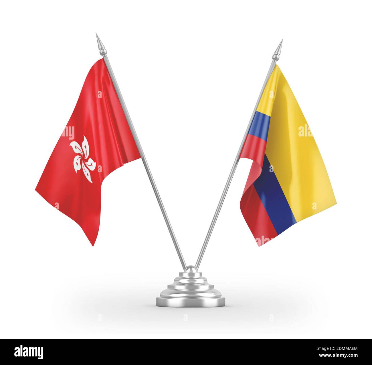 Colombia and Hong Kong table flags isolated on white 3D rendering Stock Photo