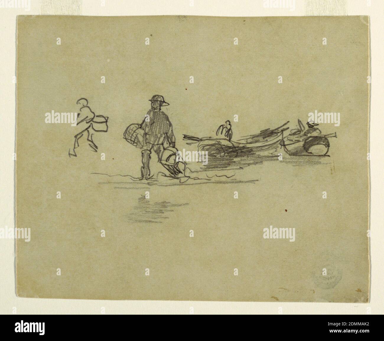 Two Fishermen, England, Winslow Homer, American, 1836–1910, Graphite on gray paper, Recto: Horizontal view of the beach with two fishermen's dories, and two men walking through shallow water carrying baskets., Verso: Slight sketch of a beached dory and fishermen, Cullercoats, England, USA, 1881–82, seascapes, Drawing Stock Photo
