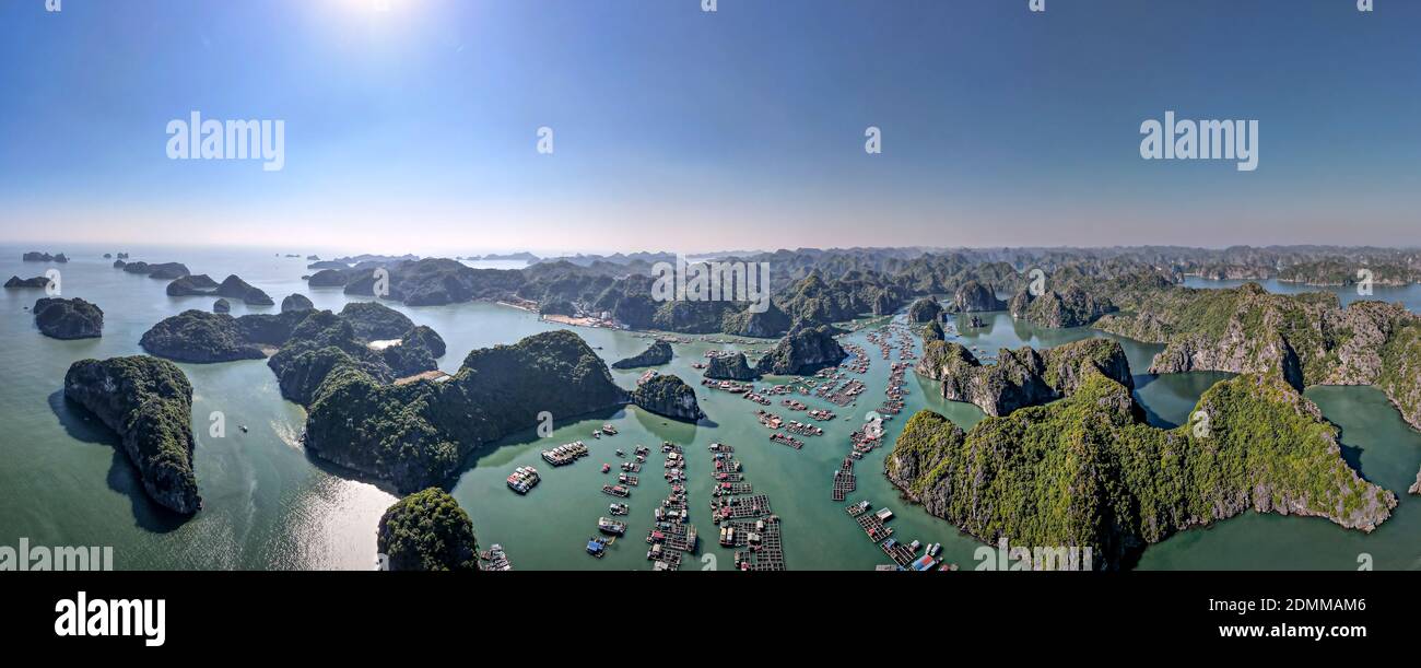 Lan Ha Bay, Vietnam November 13, 2020 Panoramic photo of a floating