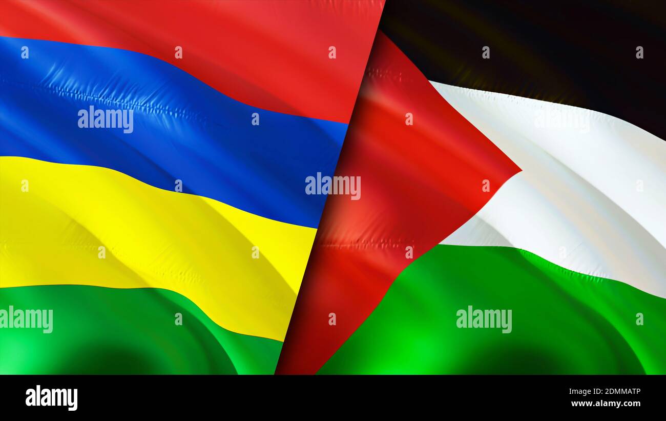 Mauritius and Palestine flags. 3D Waving flag design. Mauritius Palestine flag, picture, wallpaper. Mauritius vs Palestine image,3D rendering. Mauriti Stock Photo