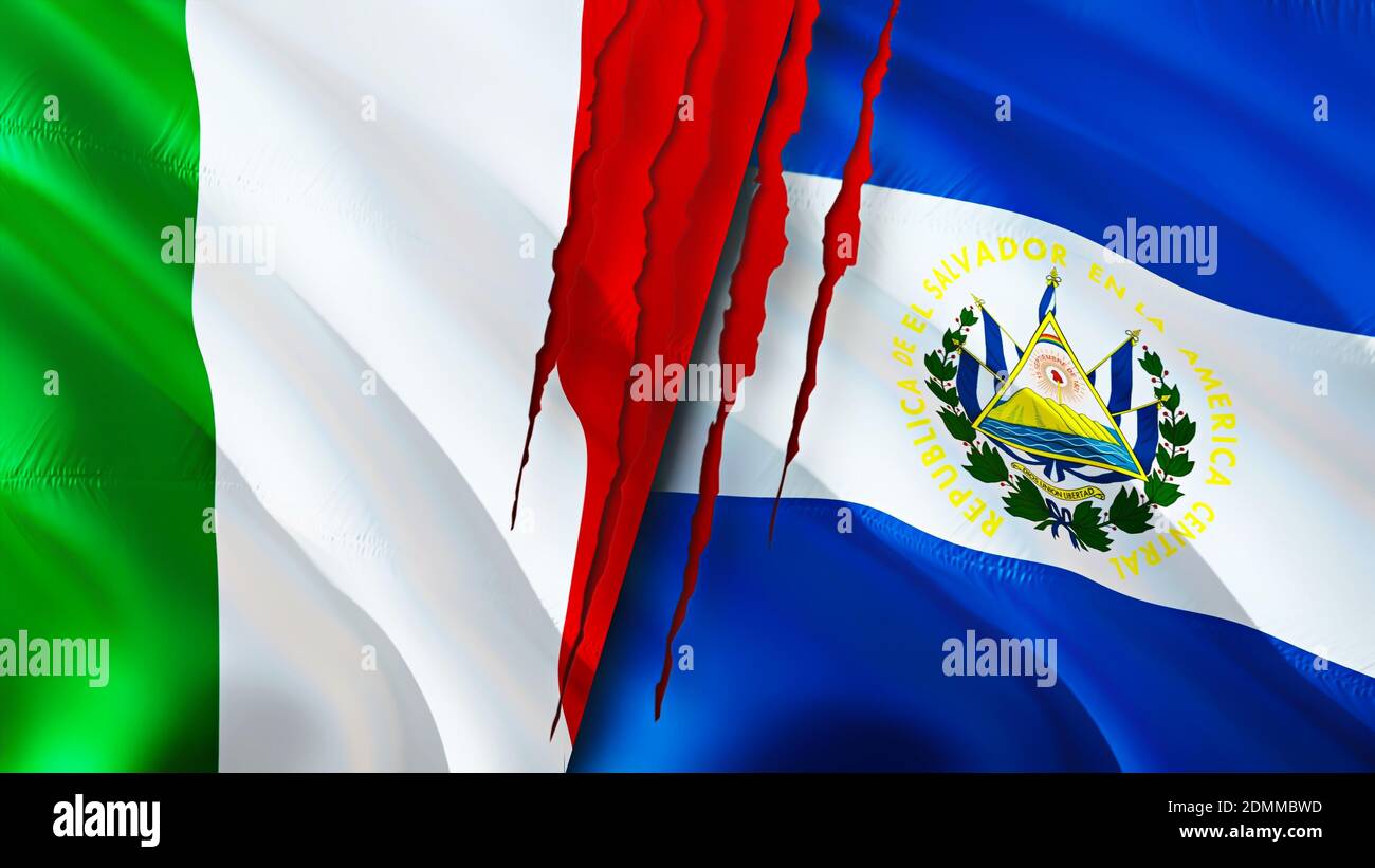 Italy and El Salvador flags with scar concept. Waving flag,3D rendering ...