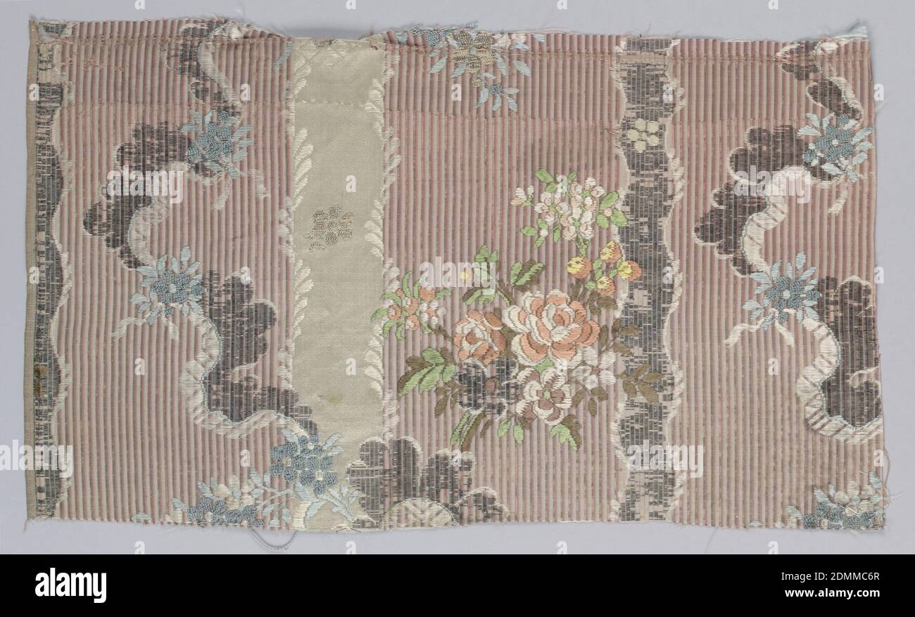 Fragment, Medium: silk, metallic Technique: woven, Serpentines and floral bouquets on striped background., France, 18th century, woven textiles, Fragment Stock Photo
