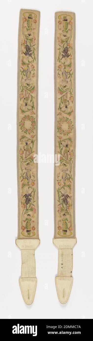 Suspender, Medium: silk, leather Technique: counted stitch embroidery, Pair of suspenders of heavy silk mesh. Embroidered in colored silks in a vine design with small Chinese figures. Lined with magenta and white plaid taffeta. White leather straps and points to fashion to trousers., France, early 19th century, costume & accessories, Suspender Stock Photo