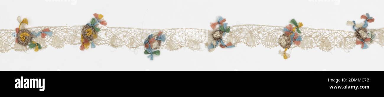 Edging, Medium: silk Technique: bobbin lace with polychrome flower, Lace band with floss flowers sewn at intervals. Loosely worked undyed silk bobbin lace with a scalloped edge dotted with single flowers and a few small knotted tassels of polychrome silk floss sewn at regular intervals., France, 19th century, lace, Edging Stock Photo
