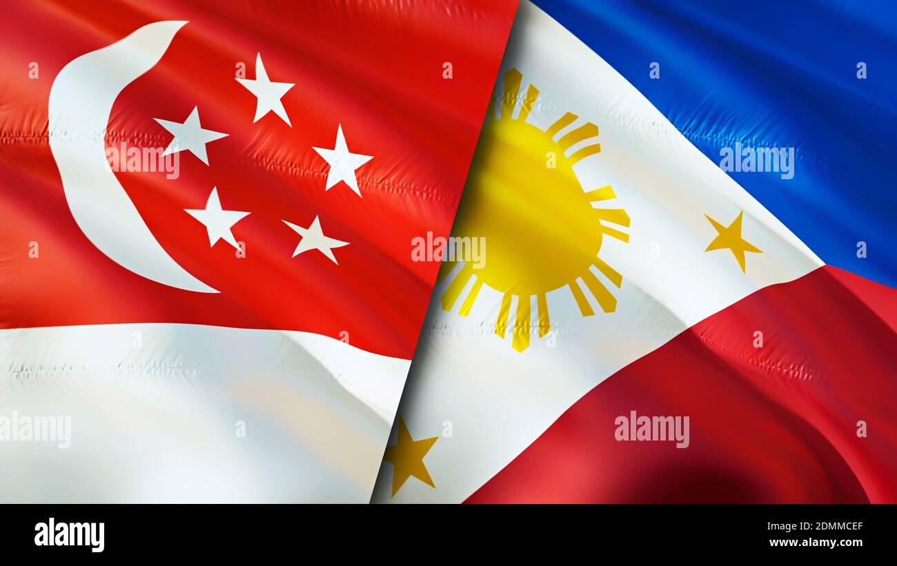 Singapore and Philippines flags. 3D Waving flag design. Singapore