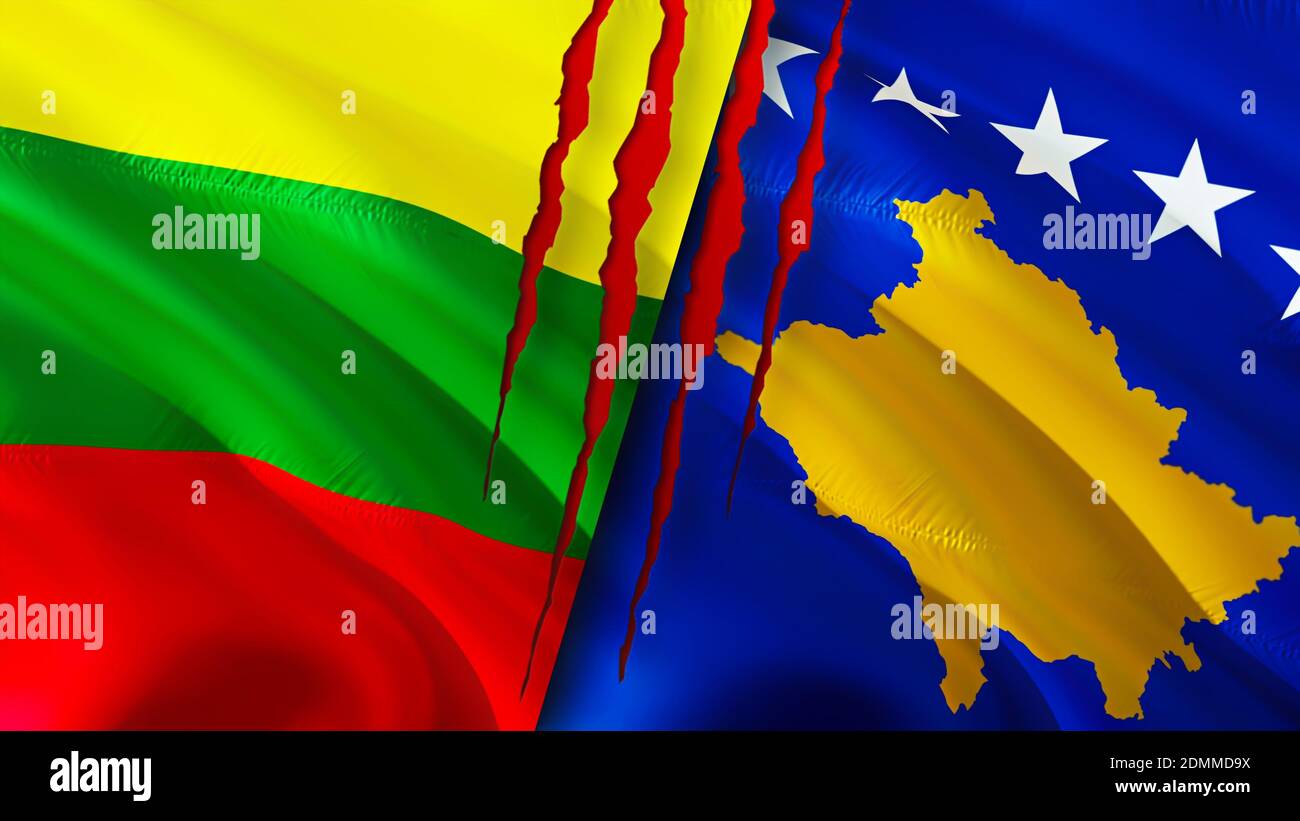 Lithuania and Kosovo flags with scar concept. Waving flag,3D rendering. Lithuania and Kosovo conflict concept. Lithuania Kosovo relations concept. fla Stock Photo