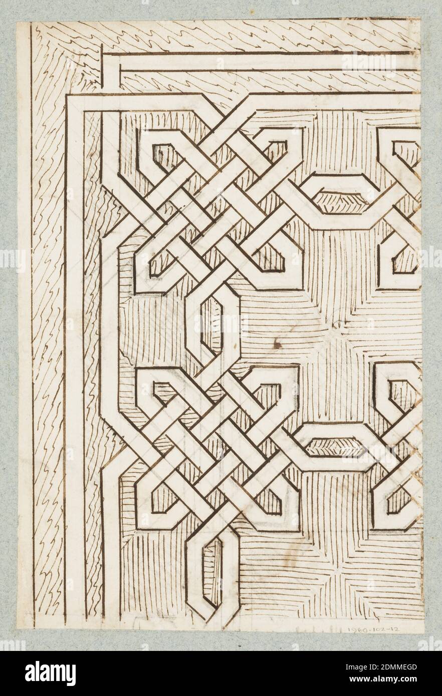 Four Left Halves of Escutcheons, Gilles-Marie Oppenord, French, 1672–1742, Pencil, pen and brown ink with grey wash, partial framing line in red chalk, Horizontal rectangle., Recto: Four left halves of escutcheons decorated with scrolls, leaves and surmounted by crowns. One shows a half-female-half-lion, another a head over a crescent and spear-head., Verso: Interlacing pattern of band-work, probably intended to be carried out in marble or wood flooring. The ground is indicated in shading, perhaps a suggestion for Suite XIV, plate 1., One sheet of paper drawn on recto and verso Stock Photo