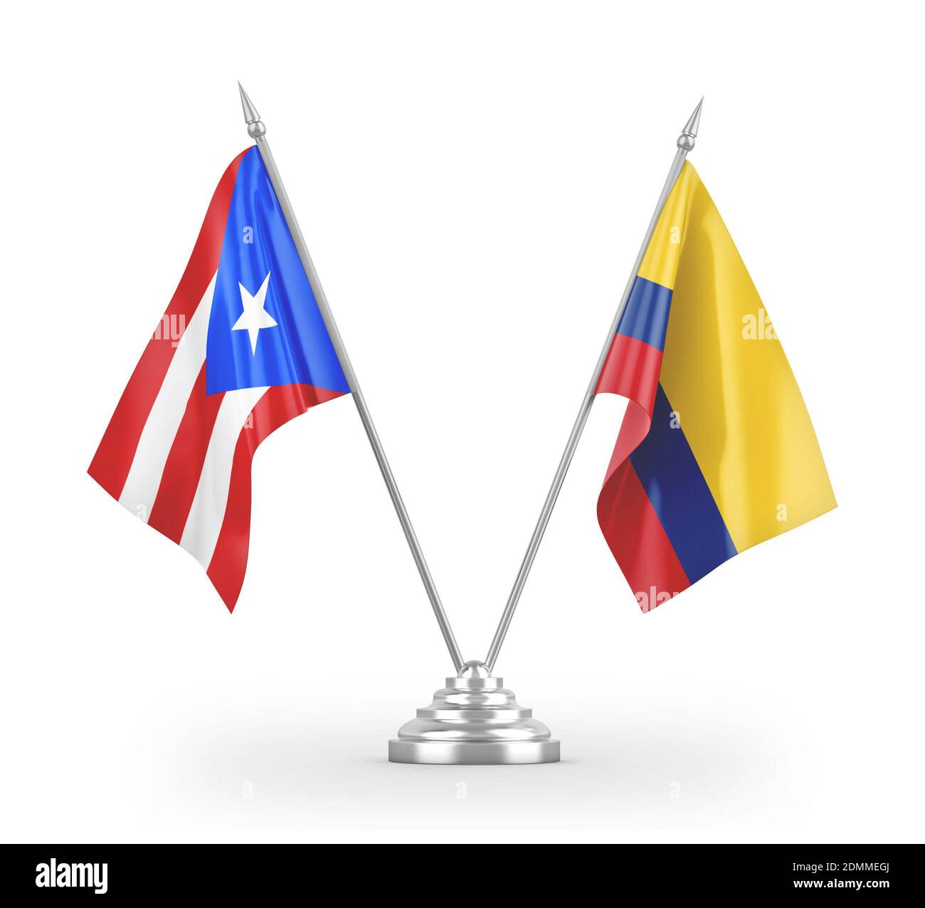 Colombia and Puerto Rico table flags isolated on white 3D rendering Stock Photo