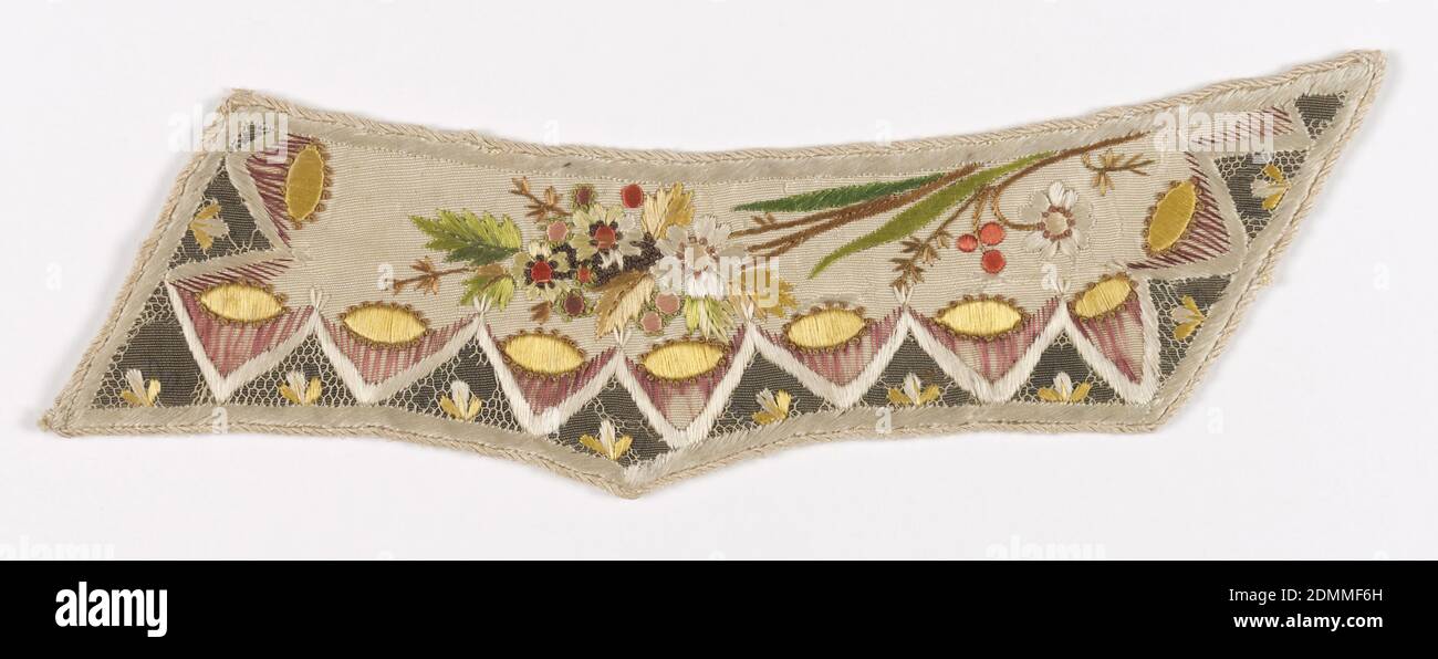 Waistcoat fragments, Medium: silk Technique: embroidered, White silk waistcoat fragments embroidered in multicolored silks in the style of Jean-François Bony., France, late 18th century, costume & accessories, Waistcoat fragments Stock Photo