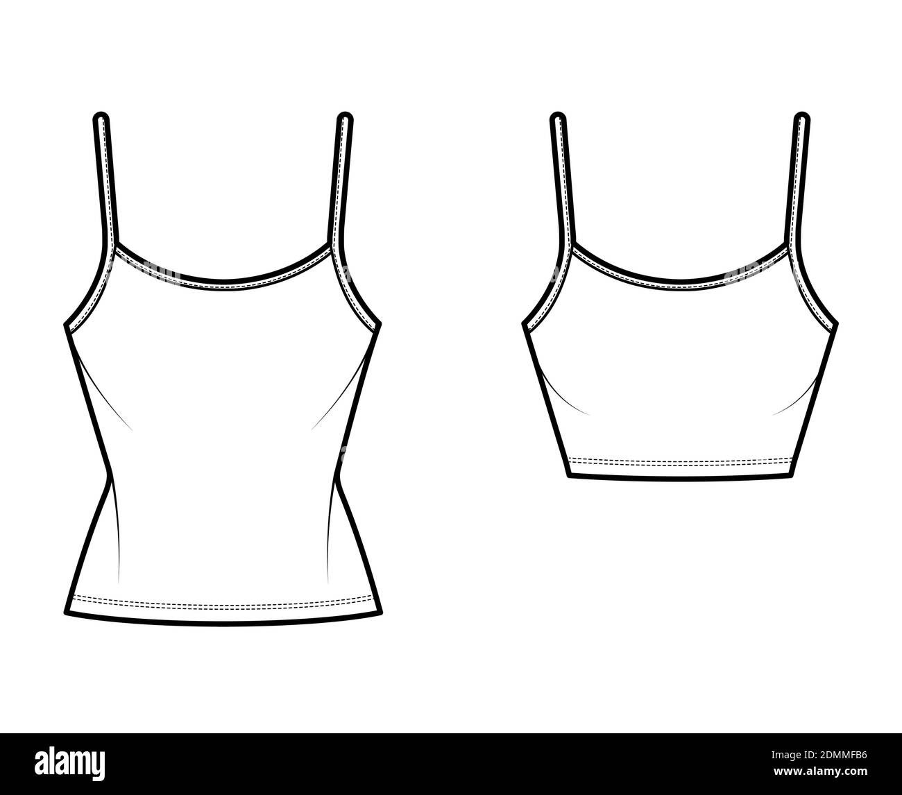 Set of Camisoles scoop neck cotton-jersey top technical fashion  illustration with thin adjustable straps, slim fit, crop, tunic length.  Flat tank template front white color. Women men CAD mockup Stock Vector  Image