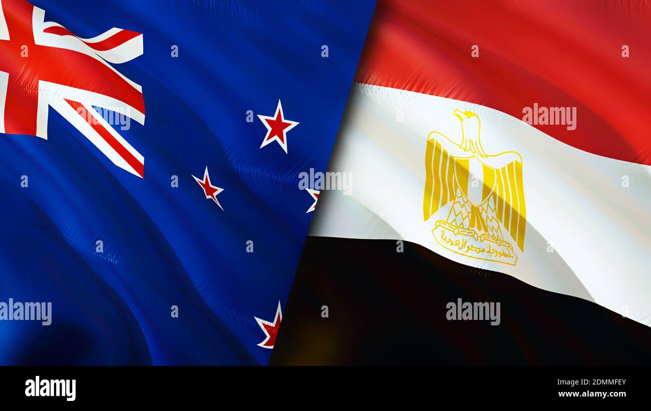 New Zealand and Egypt flags. 3D Waving flag design. New Zealand Egypt