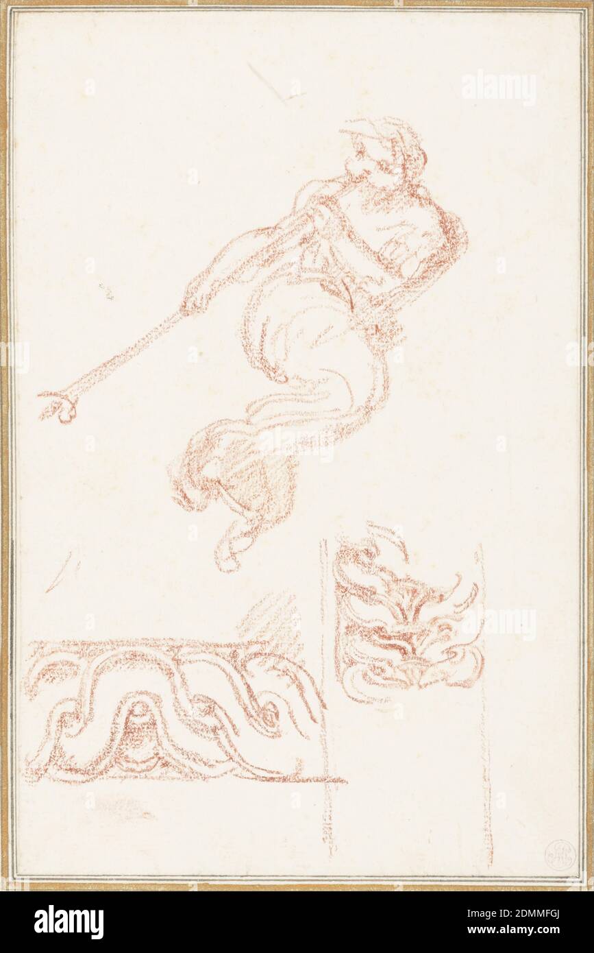 Detail from Last Judgment, Jean-Robert Ango, French, active in Rome 1759 –1770, d. 1773, Michelangelo Buonarroti, Italian, 1475–1564, Red chalk on paper, Angel sounding a trumpet, based on figure from The Last Judgment by Michelangelo. Accompanied by sketches of border patterns., France, ca. 1759–70, figures, Drawing Stock Photo