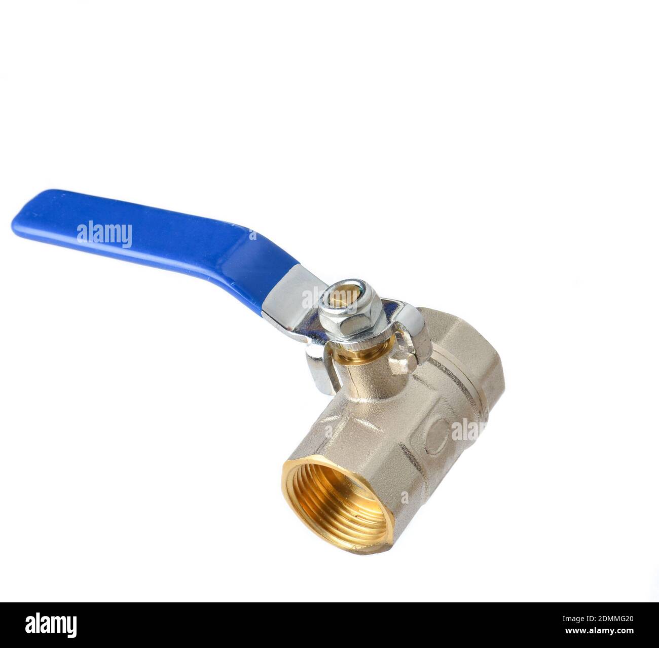 Ball valve with blue handle isolated on white background Stock Photo