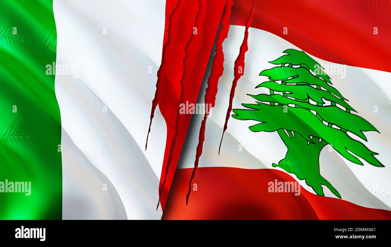 Italy and Lebanon flags with scar concept. Waving flag,3D rendering. Italy and Lebanon conflict concept. Italy Lebanon relations concept. flag of Ital Stock Photo