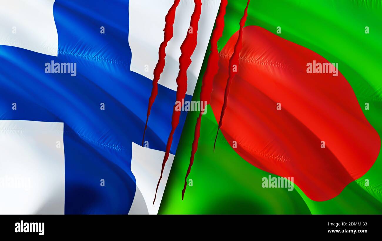 Finland and Bangladesh flags with scar concept. Waving flag,3D rendering. Finland and Bangladesh conflict concept. Finland Bangladesh relations concep Stock Photo