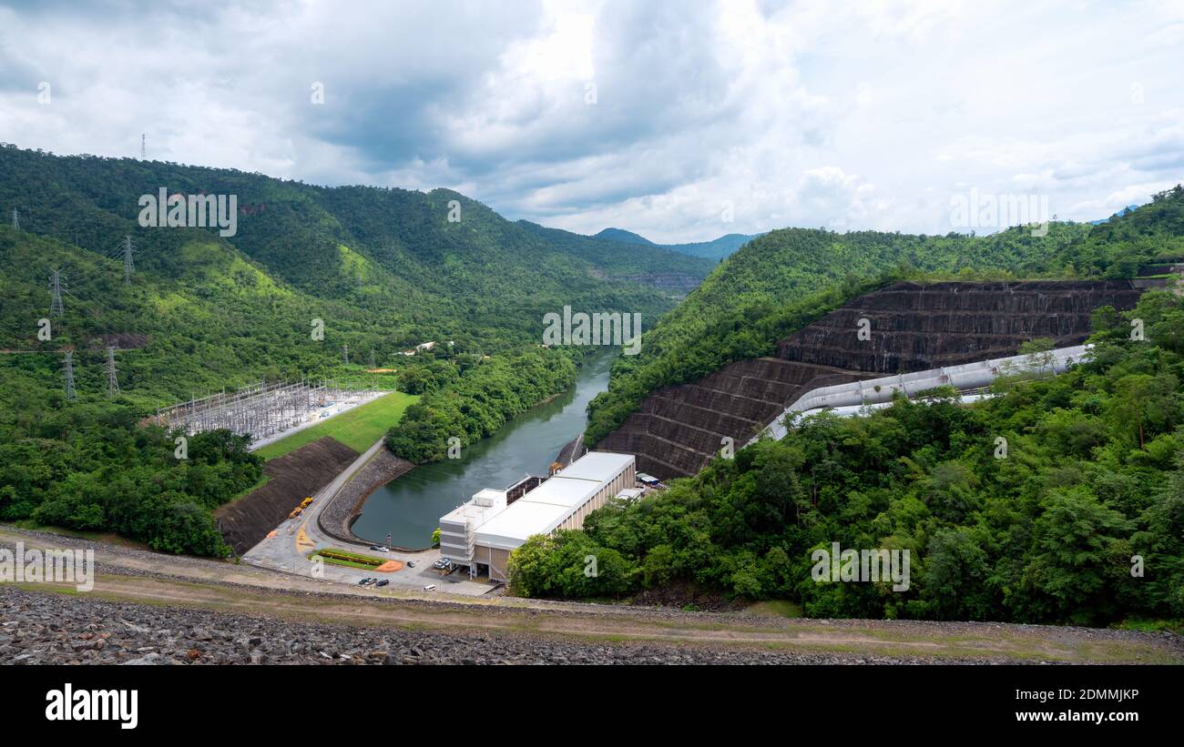 Electrical power station with electric Power Transition Line system in mountain area Stock Photo