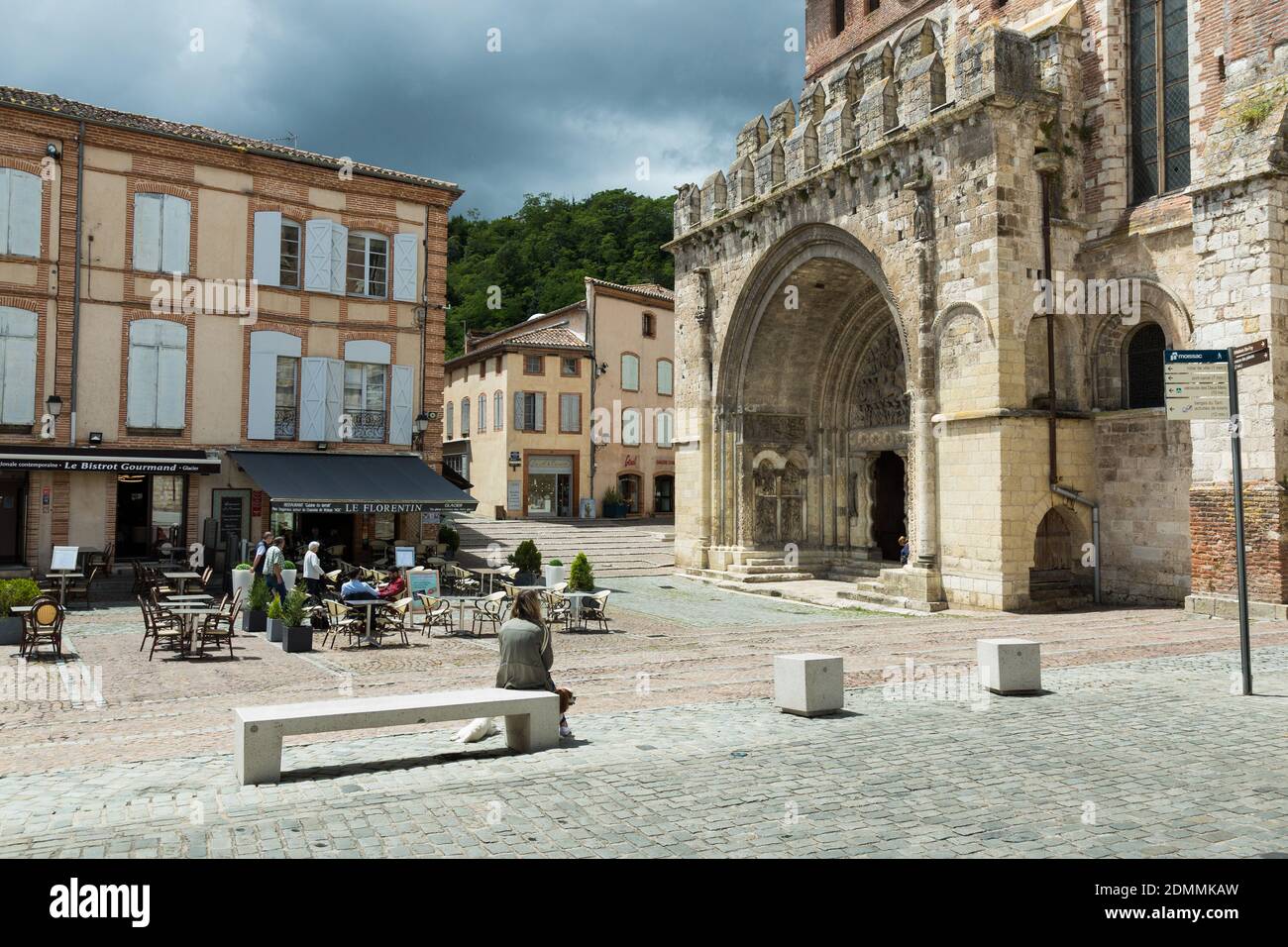 Moissac (south-western France): “place Durand de Bredon” square in the town centre. On the right, St. Peter’s Abbey (“abbaye Saint-Pierre”), registere Stock Photo