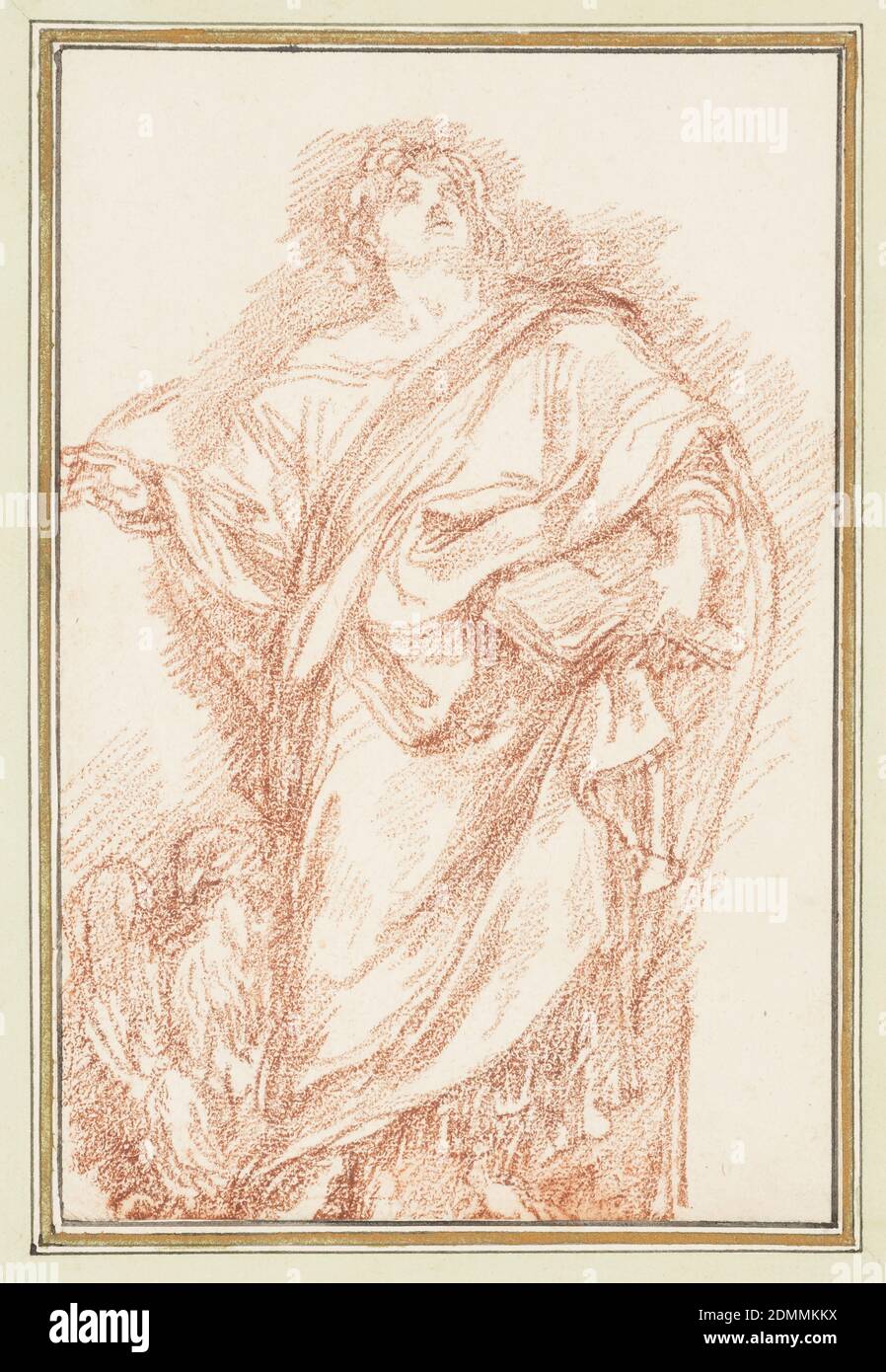 St. John from St. John Lateran's Basilica, Camillo Rusconi, Jean-Robert Ango, French, active in Rome 1759 –1770, d. 1773, Red chalk on paper, Drawing after statue by Camillo Rusconi of St. John the Baptist from St. John Lateran's Basilica (S. Giovanni in Laterano). St. John's head is tilted upward. He holds an open book against his body in his left hand and holds a quill in his right. A large eagle is at his right., France, ca. 1759–70, figures, Drawing Stock Photo