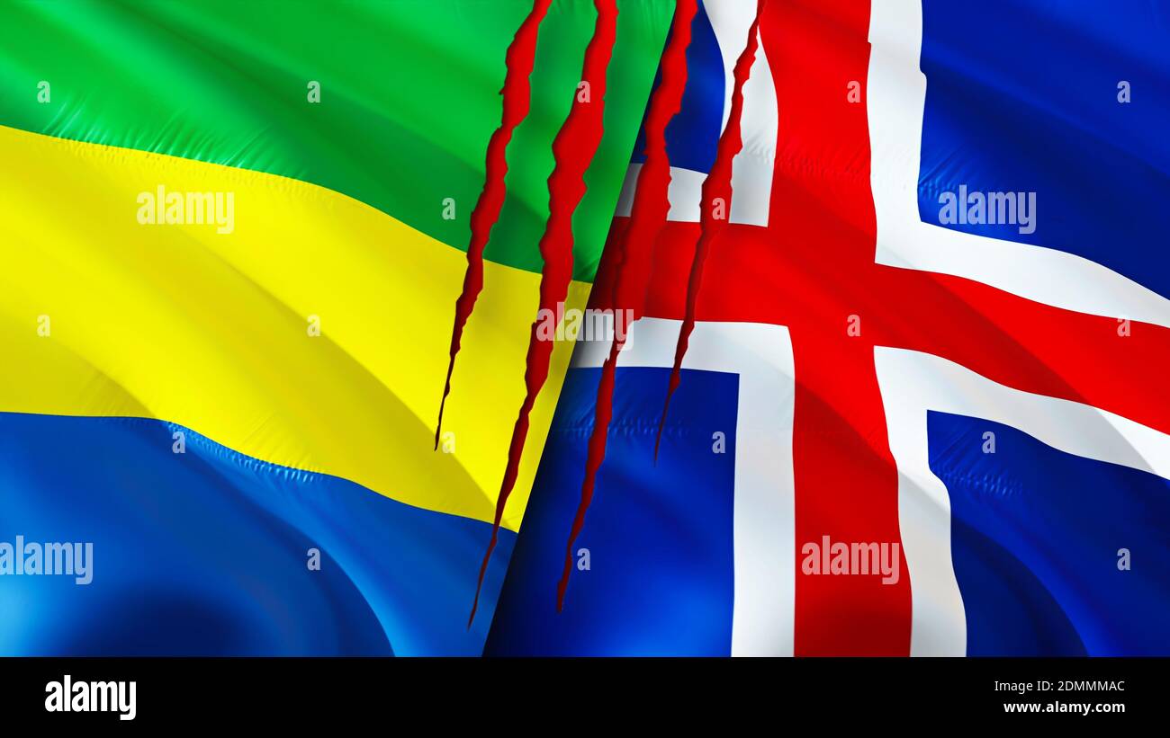 Gabon and Iceland flags with scar concept. Waving flag,3D rendering