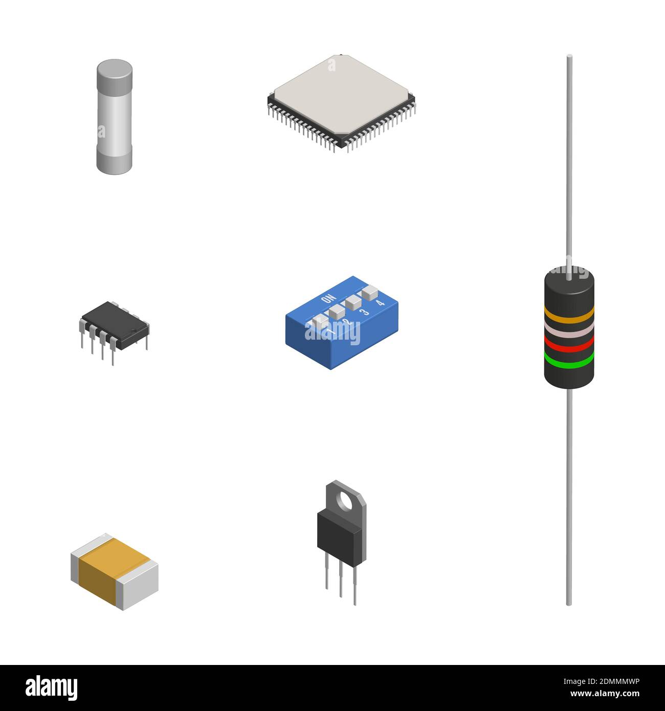 Set of different active and passive electronic components isolated on