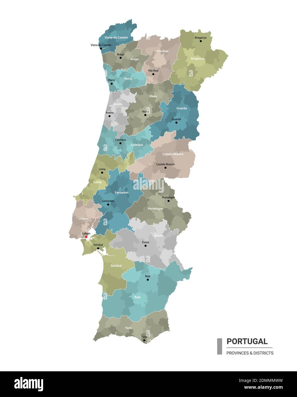 Portugal higt detailed map with subdivisions. Administrative map of Portugal with districts and cities name, colored by states and administrative dist Stock Vector