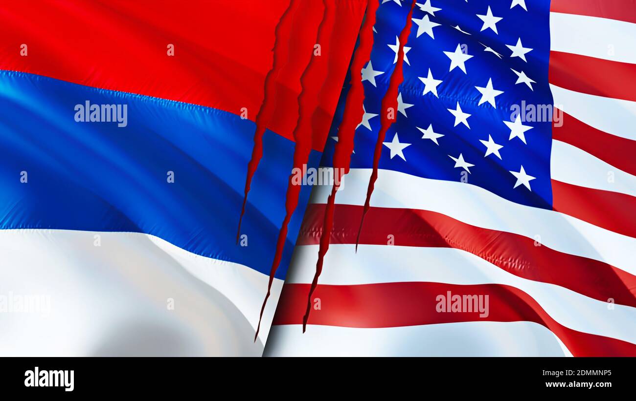 Serbia and United States flags with scar concept. Waving flag,3D