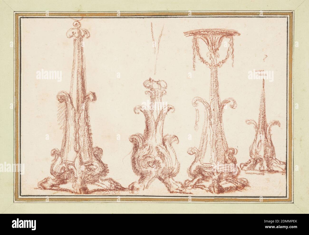 Four plant-like pedestals, Jean-Robert Ango, French, active in Rome 1759 –1770, d. 1773, Red chalk on paper, Four plant-like pedestals. All four have curly leaf-like elements and taper toward the top. The third pedestal widens again at the top from which a garland is suspended., France, ca. 1759–70, ornament, Drawing Stock Photo