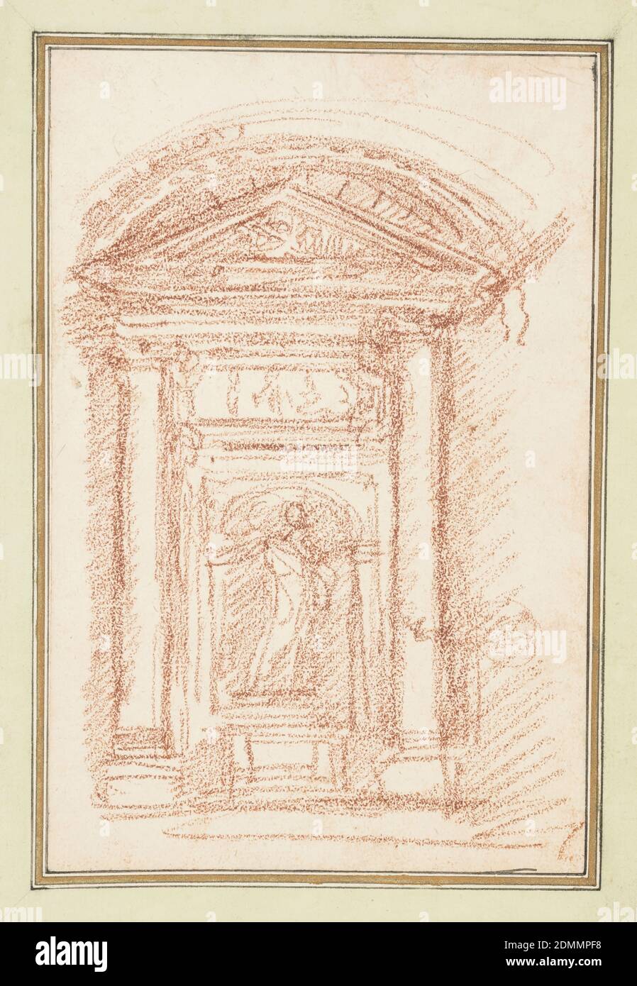 Niche with statue, Jean-Robert Ango, French, active in Rome 1759 –1770, d. 1773, Red chalk on paper, Two columns support a pediment with a frieze. Below this is another frieze. Within this structure is a smaller niche that houses a statue., France, ca. 1759–70, architecture, Drawing Stock Photo