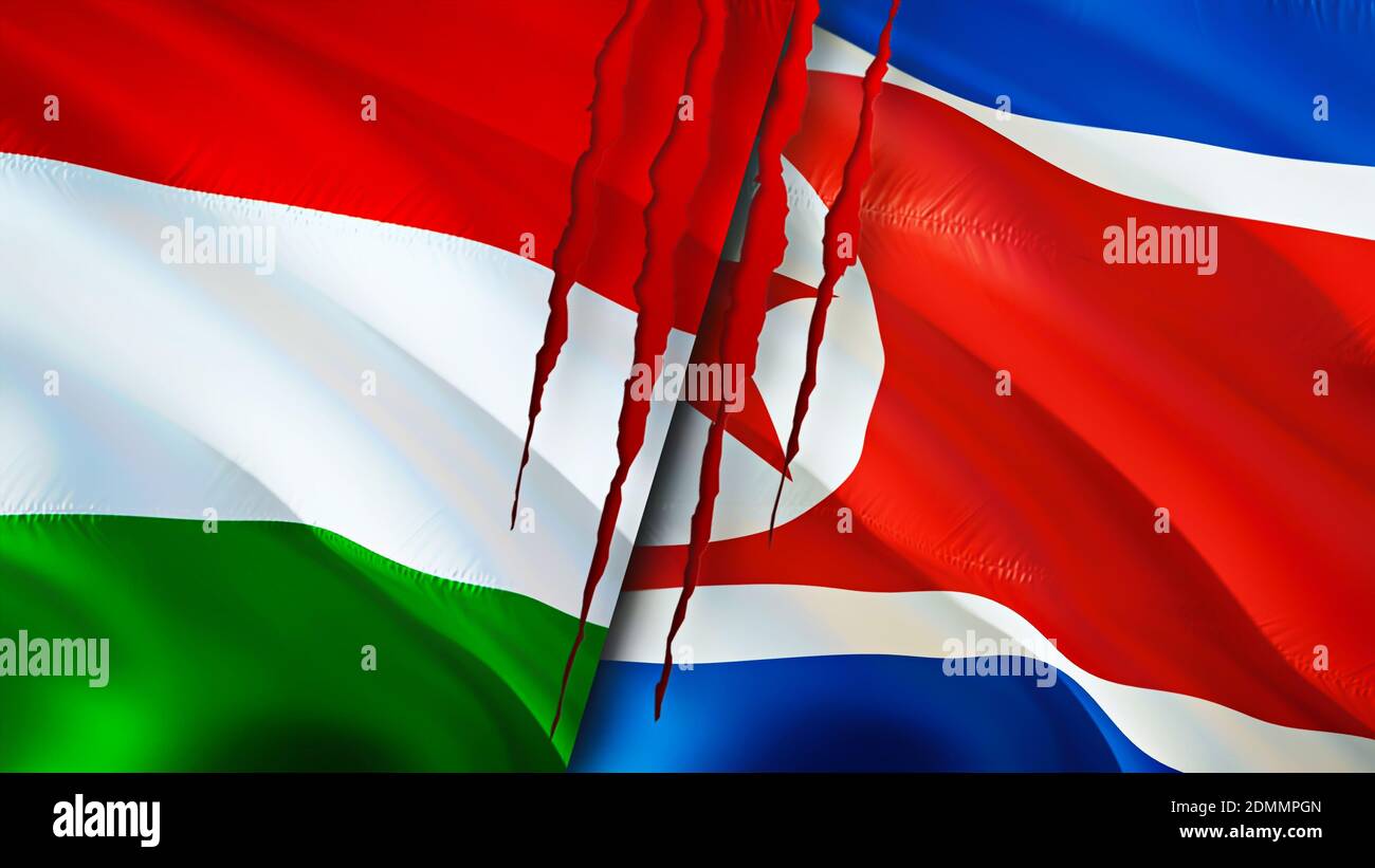 Hungary and North Korea flags with scar concept. Waving flag,3D rendering. Hungary and North Korea conflict concept. Hungary North Korea relations con Stock Photo