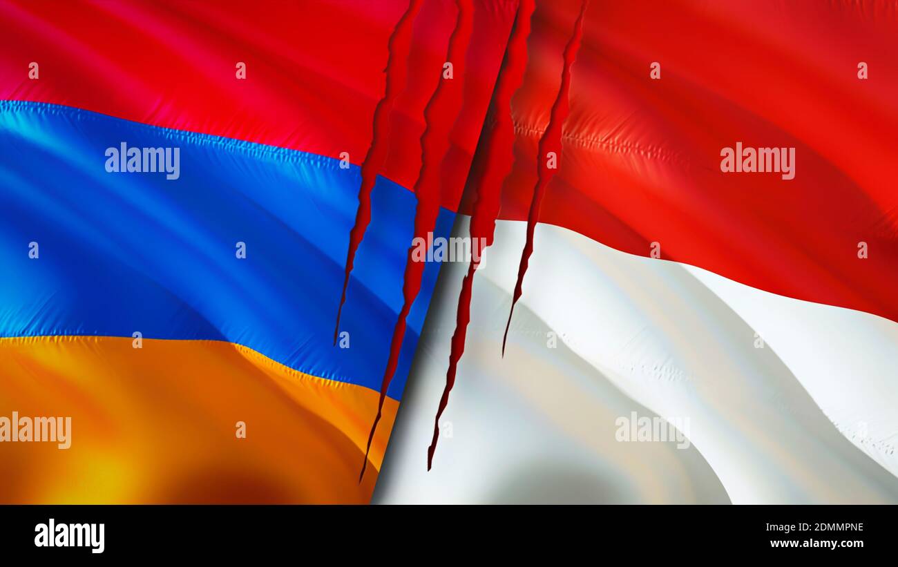Armenia and Indonesia flags with scar concept. Waving flag,3D rendering
