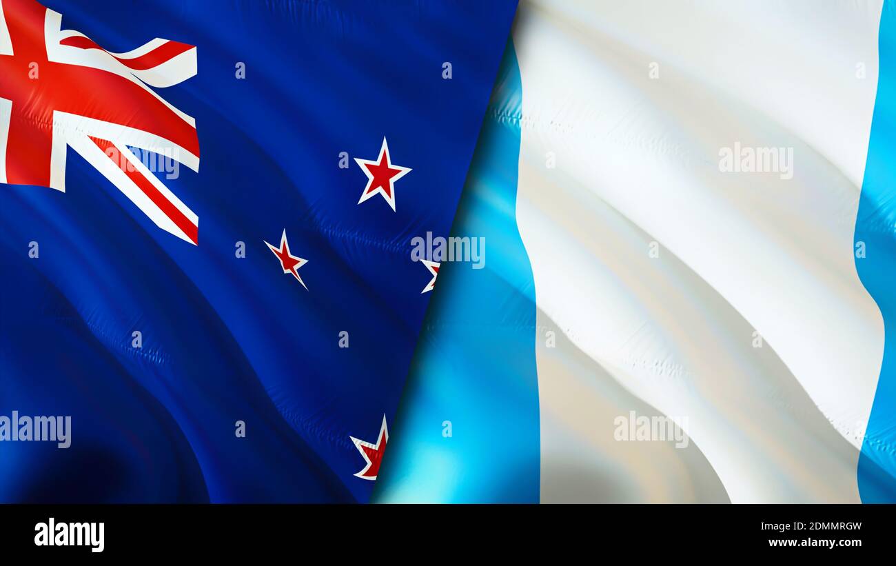 New Zealand and Guatemala flags. 3D Waving flag design. New Zealand