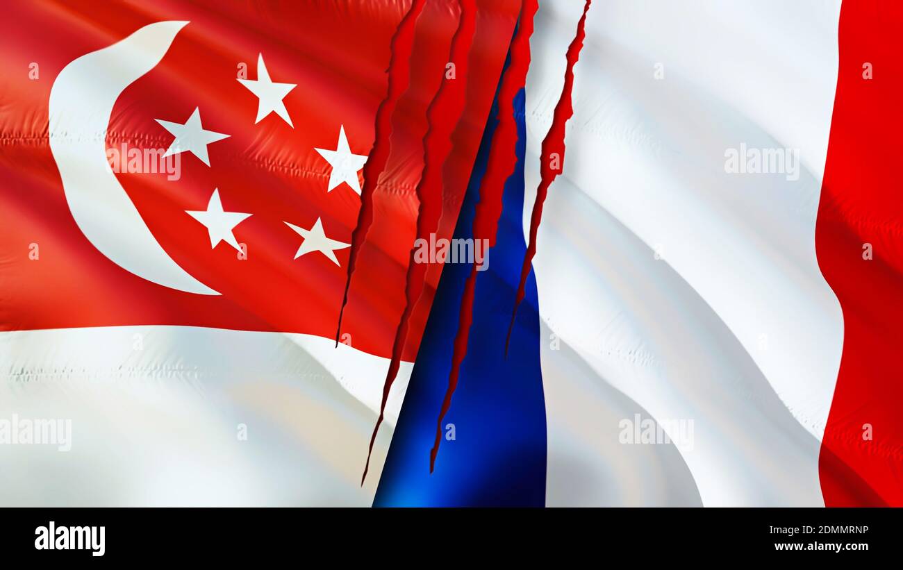 Singapore and France flags with scar concept. Waving flag,3D rendering