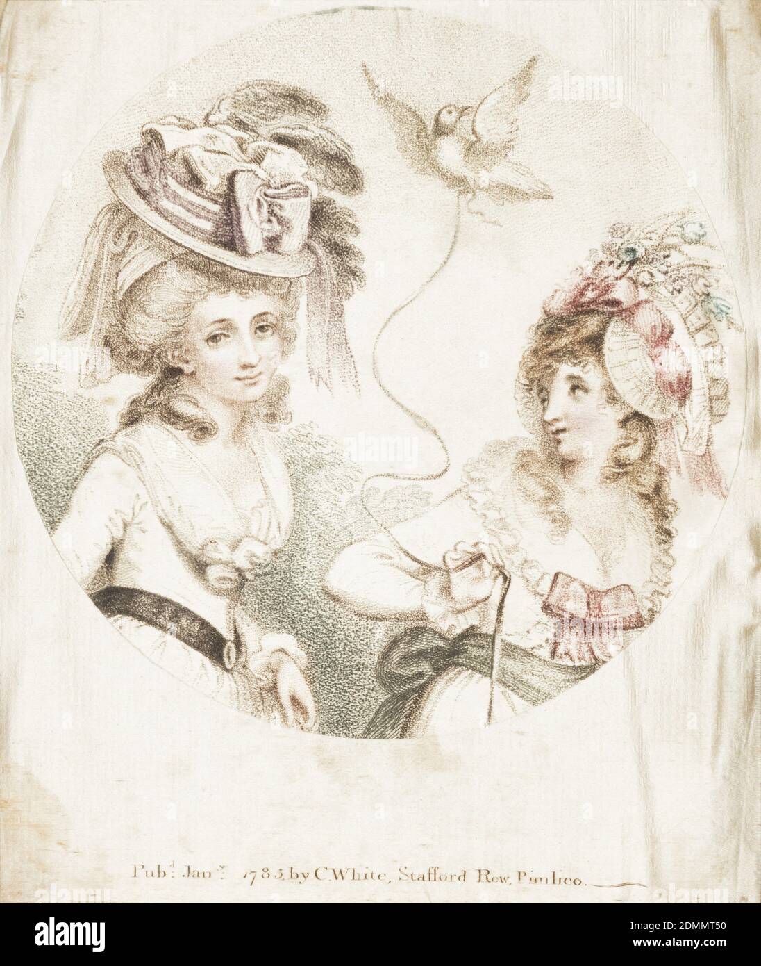 Picture, C.W. White, C.W. White, Medium: silk Technique: printed by engraved plate (with color added) on 7&1 satin, Circular picture showing two fashionably dressed women, one holding a bird on a string., England, 1785, printed, dyed & painted textiles, Picture Stock Photo