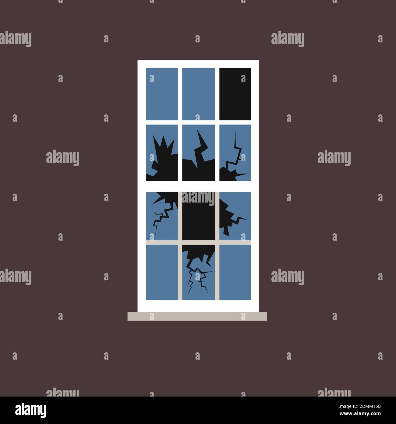 Broken window with shuttered glass. Detail of wall of abandoned