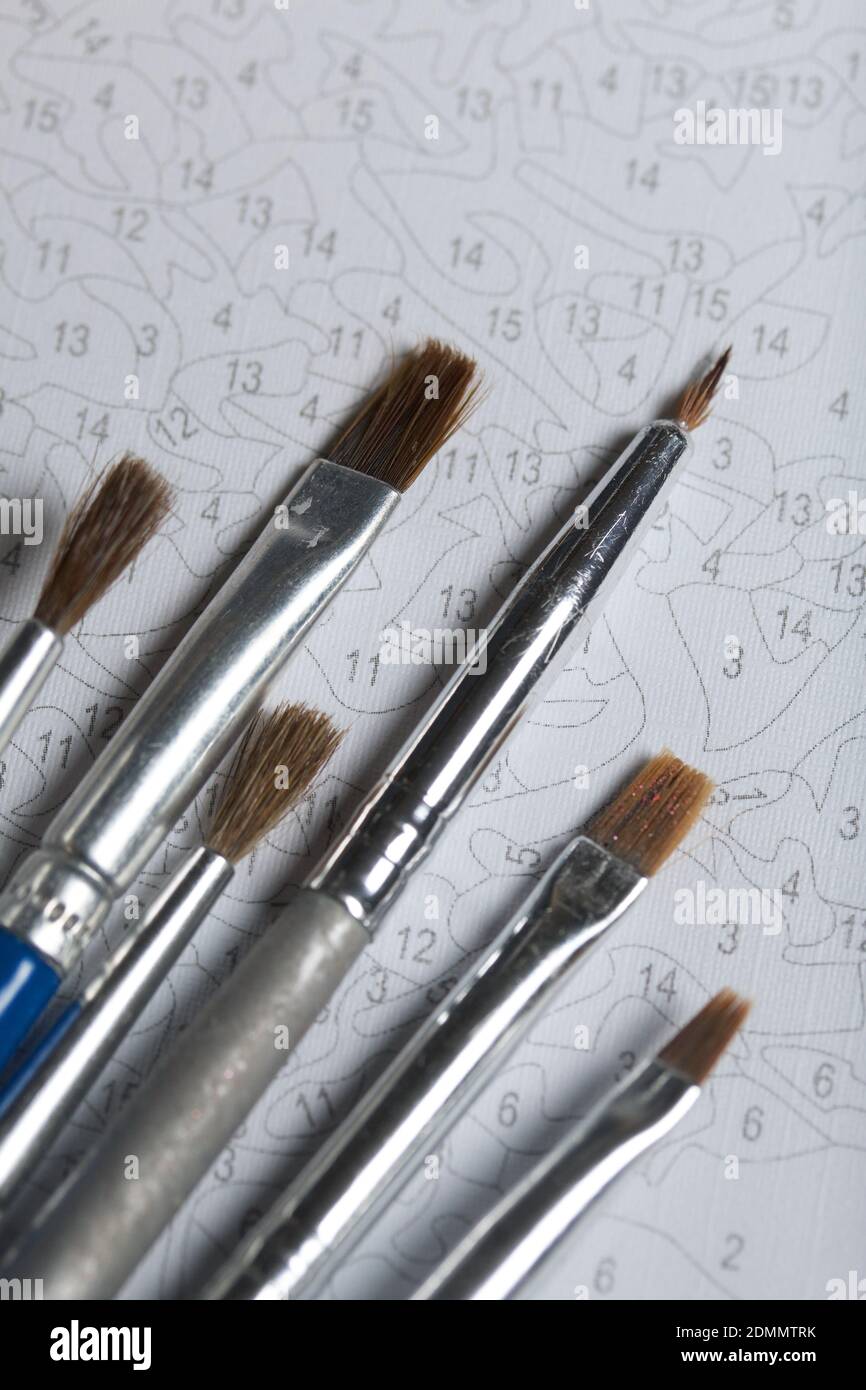 Paint brushes. On canvas with numbered sections. Drawing by numbers