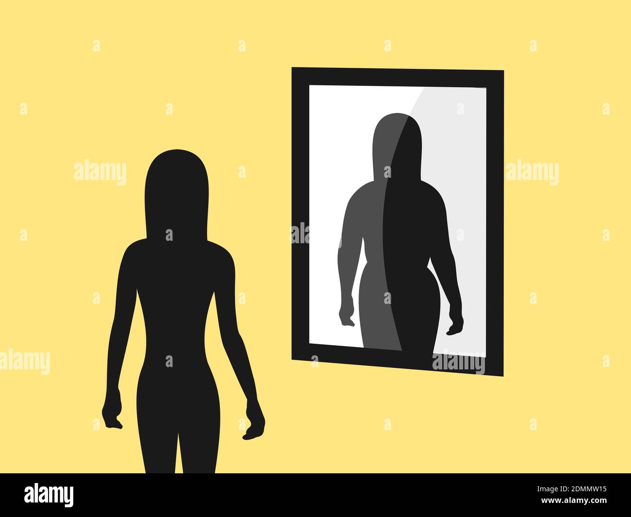 Anorexia and negative body image - skinny person is seeing false image in the mirror. Illusion of being overweight and obese. Vector illustration Stock Photo