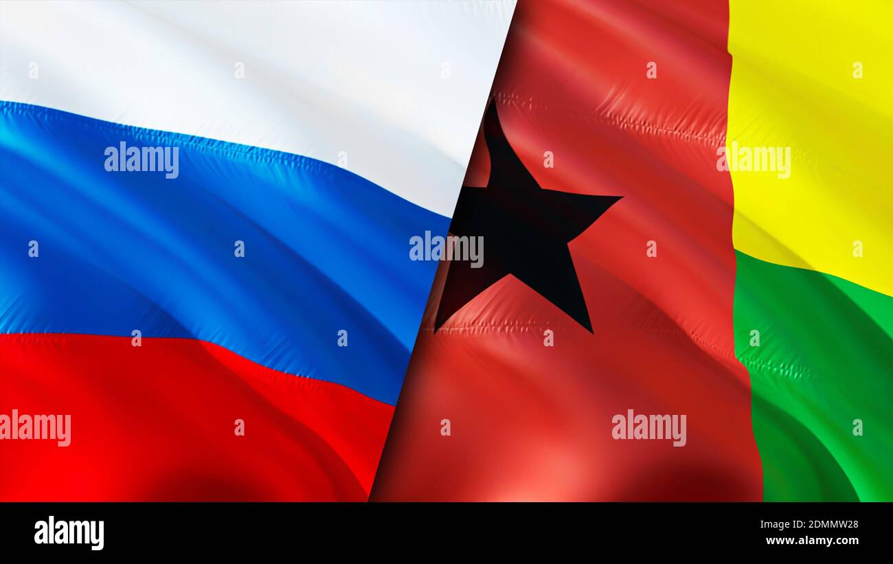 Russia and Guinea Bissau flags. 3D Waving flag design. Russia Guinea Bissau flag, picture, wallpaper. Russia vs Guinea Bissau image,3D rendering. Russ Stock Photo