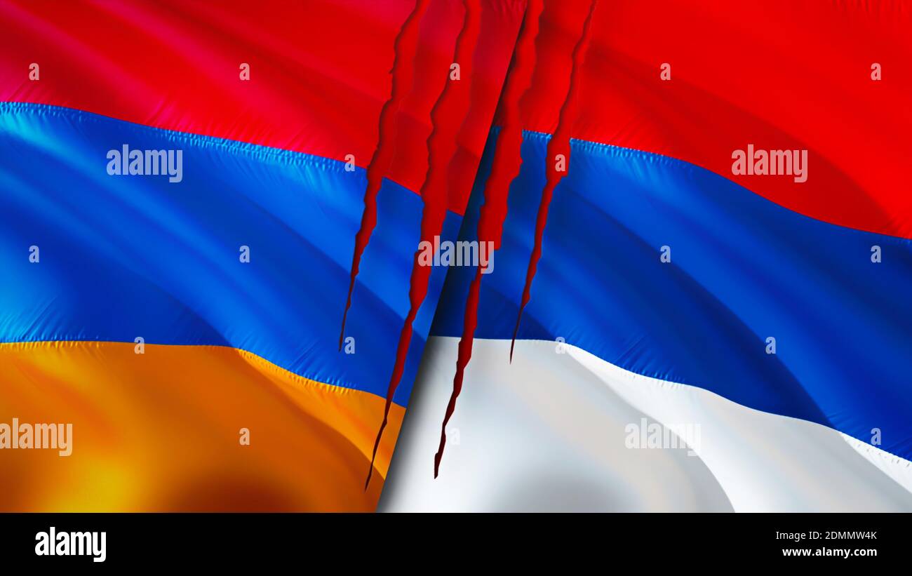 Armenia and Serbia flags with scar concept. Waving flag,3D rendering