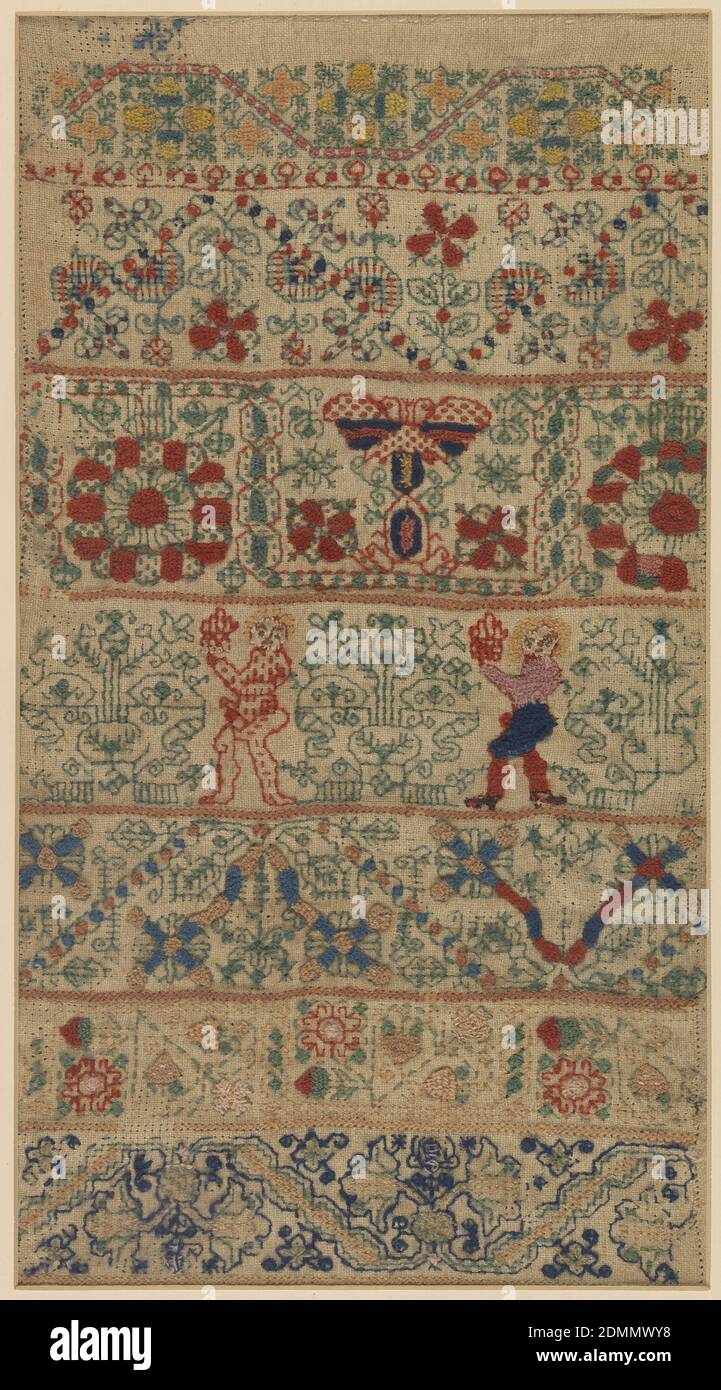 Sampler, Medium: wool embroidery on linen foundation Technique: embroidered on plain weave, Rectangular sampler of highly stylized floral vine pattern bands, worked in brightly colored wools on a linen ground. One of the bands has two male figures., England, 17th century, embroidery & stitching, Sampler Stock Photo
