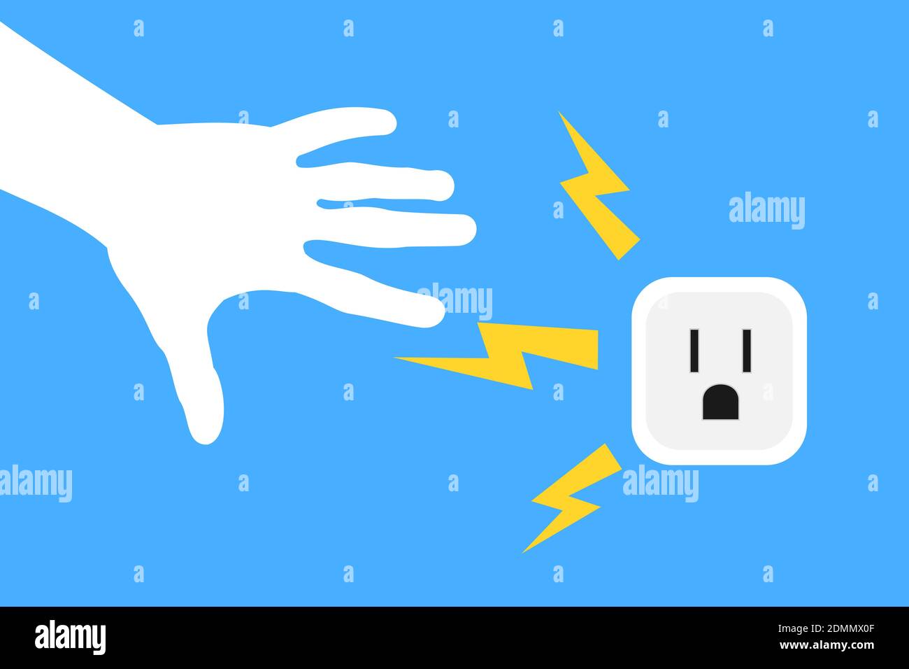 Electric shock hand is touching dangerous electrical outlet and wall