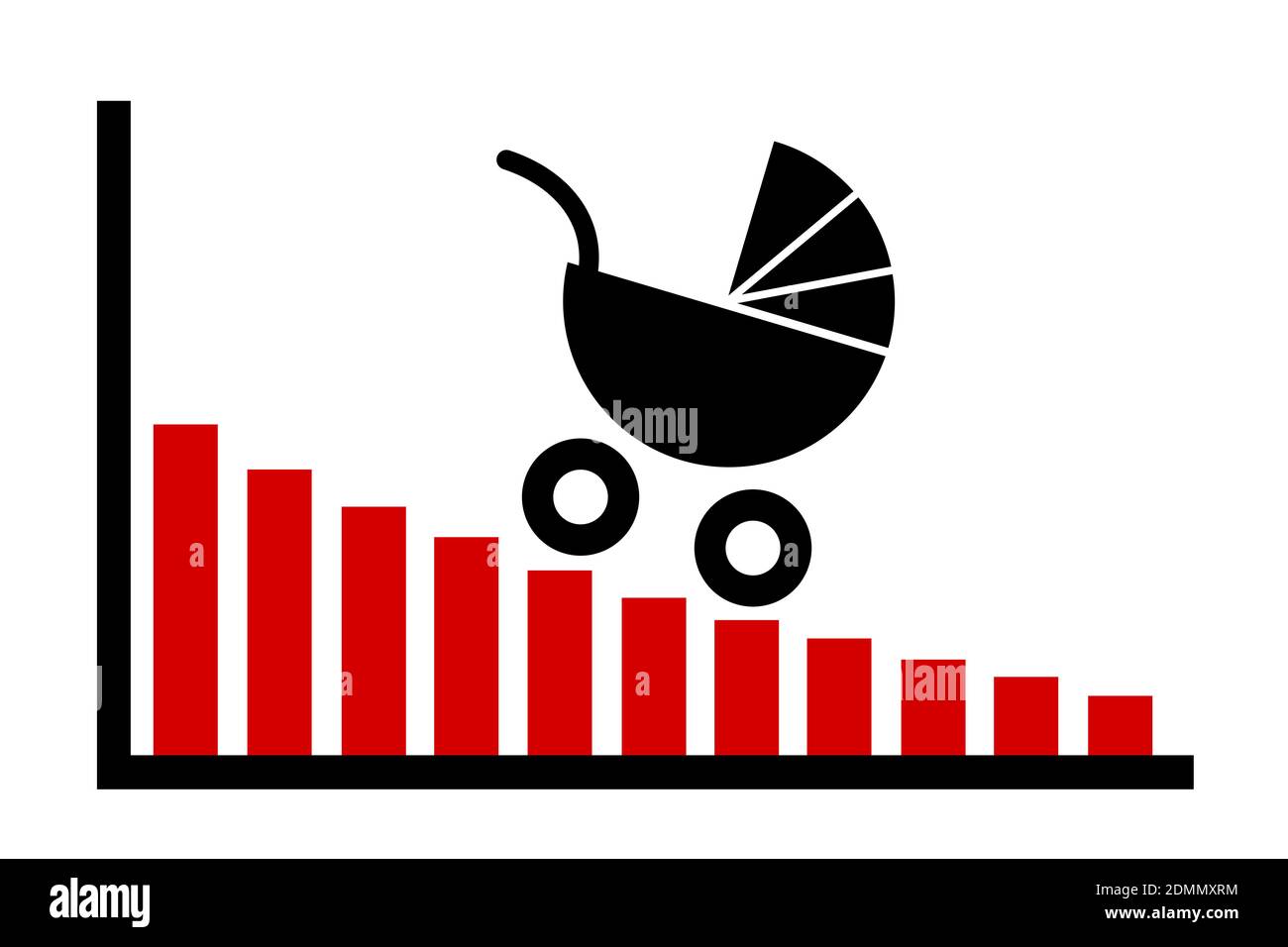 Birth rate is decreasing and declining - chart and graph of low and negative fertility rate. Population and natality social problem . Vector illustrat Stock Photo