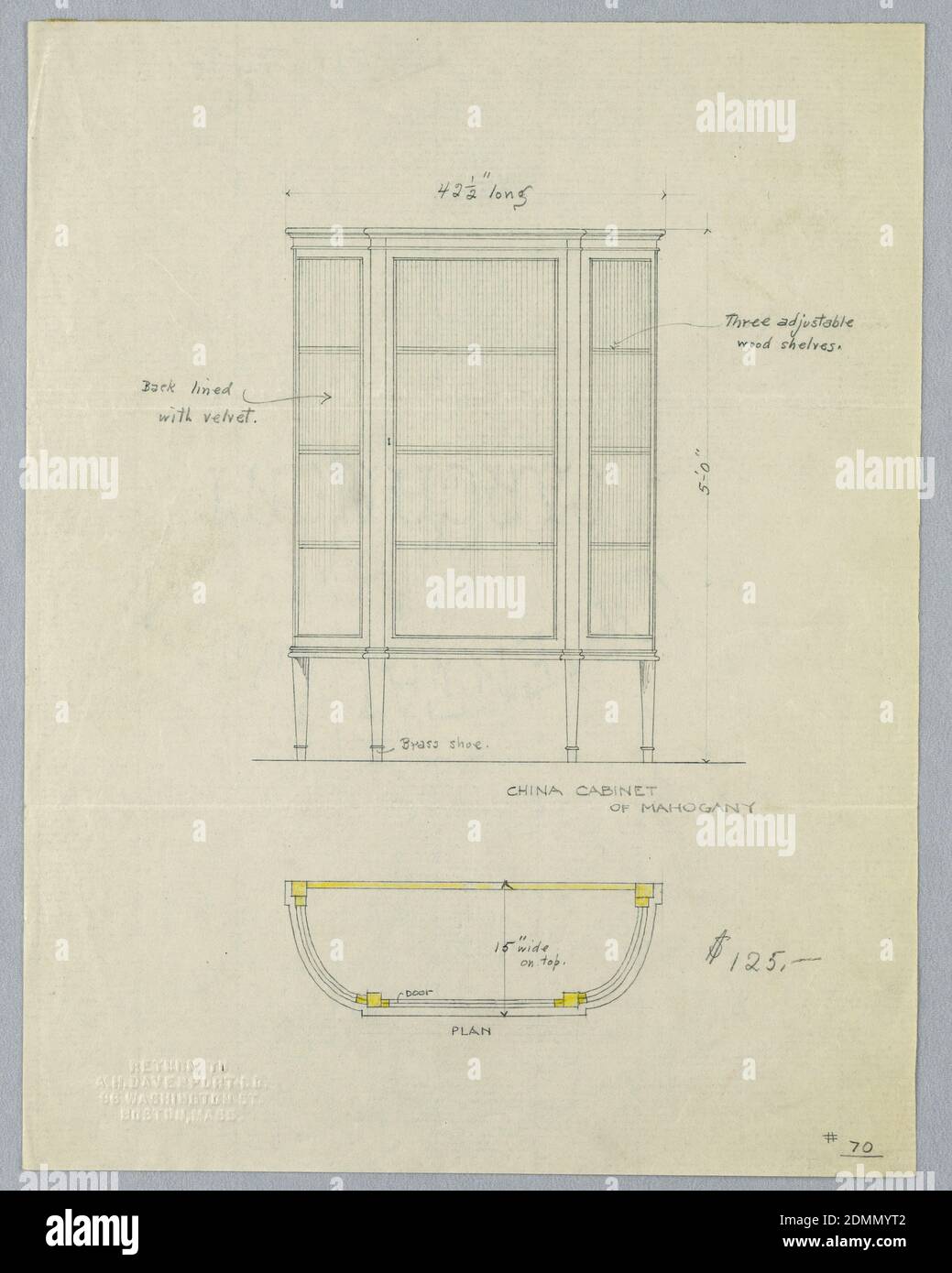 Design for China Cabinet of Mahogany in Elevation and Plan, A.N. Davenport Co., Graphite and yellow color pencil on thin cream paper, Elevation: rectangular tri-partite front with glass door and 3 shelves raised on 4 straight tapering legs. Plan: semi-circular cabinet top with flattened central front with details indicated in yellow color pencil., 1900–05, furniture, Drawing Stock Photo