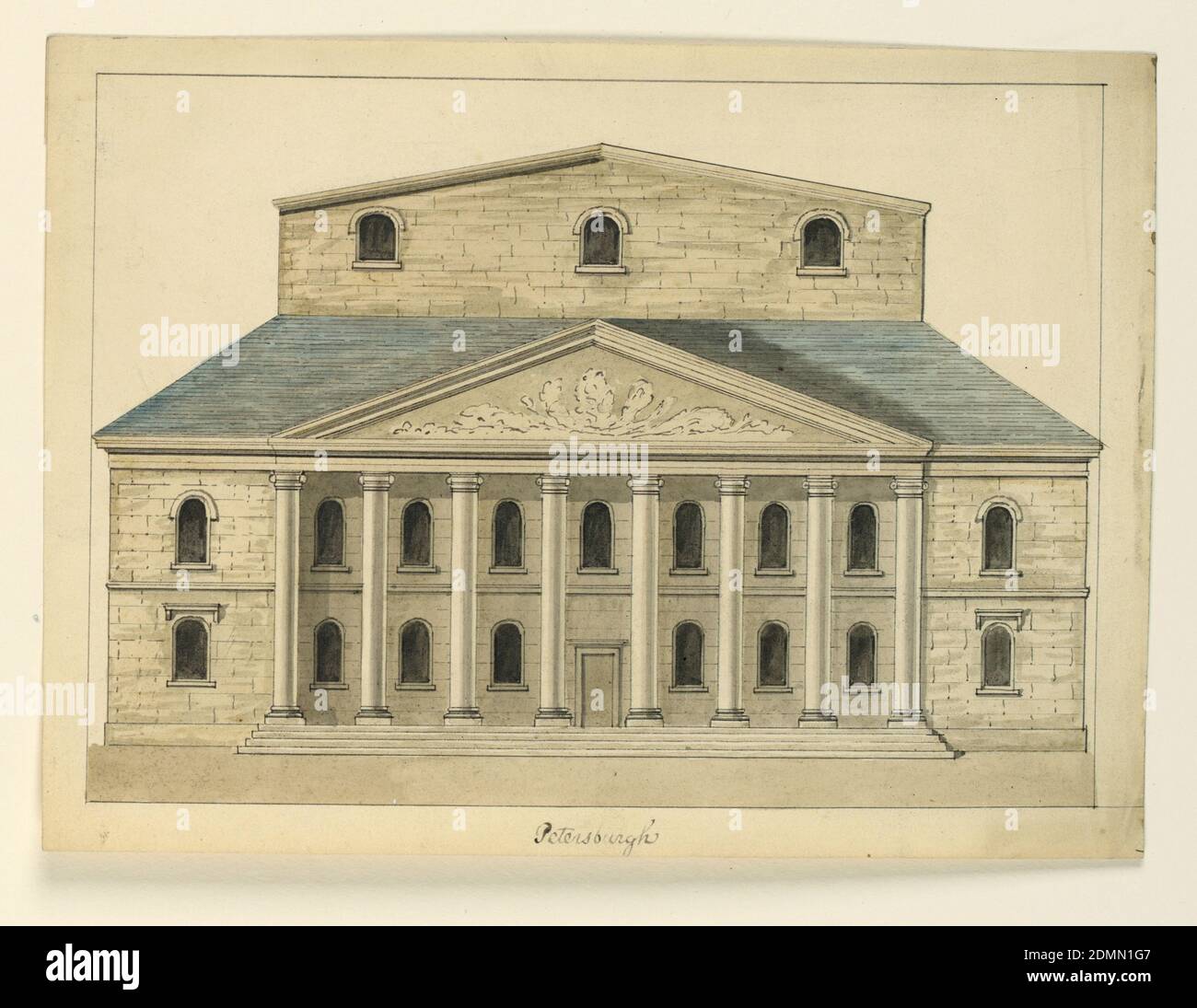 Elevation of the Facade of the Theater, St. Petersburg, Cesare Recanatini, Italian, 1823–1893, Brush and gray, blue watercolor, pen and ink on paper, Horizontal format architectural drawing depicting a two-storied facade, with pedimented portico of eight Ionic columns, and behind a sloping roof, an additional story above the stage. Framing line in pen and ink. Probably designed as an engraving for a book., Italy, ca. 1860, architecture, Drawing Stock Photo