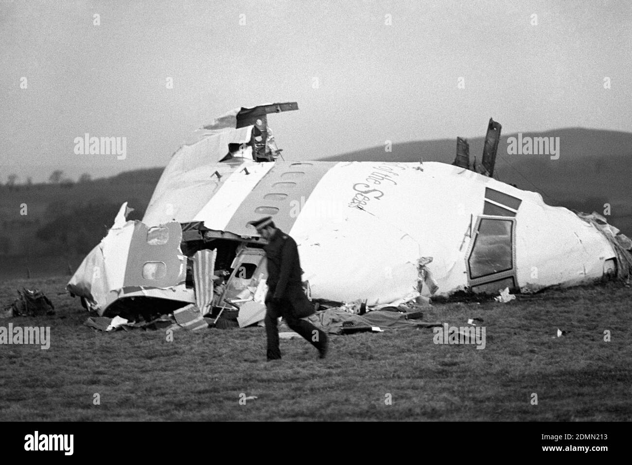 BLACK AND WHITE ONLY: File photo dated 22/12/88 of the wrecked nose section of the Pan-Am Boeing 747 in Lockerbie, near Dumfries. Dr Jim Swire, the father of a Lockerbie bombing victim, has said he hopes 'some truth will come out' after it emerged the US Justice Department expects to unseal charges in connection with the attack. The bombing of Pan Am flight 103, travelling from London to New York on December 21 1988, killed 270 people in Britain's largest terrorist atrocity. Stock Photo